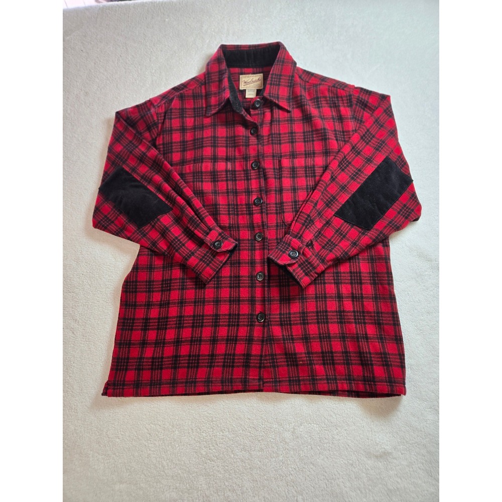 Woolrich Womens Red Black Plaid Wool Blend Elbow Patch Flannel Shirt Medium 4975